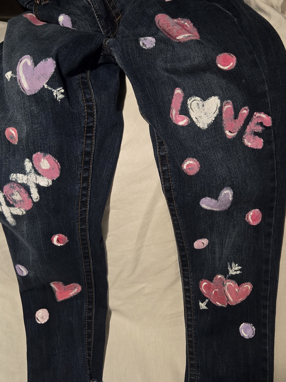 Seven7 Dark Wash Jeans with Pink, Purple & White Heart Art